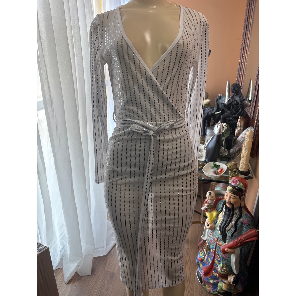 Goodtime USA White Sequin Mesh Wrap Bodysuit Midi Dress Set Silver Long Sleeve